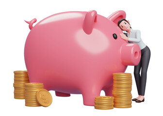 happy business woman in blue dress hugging big pink piggy bank saving gold coins for future