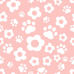 Seamless pattern with daisy flower and paw prints on pink background vector illustration. © Thanawat