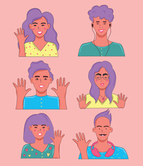 Vector bright illustration set emotions people faces greeting hi wave hand surprise joy meeting girl man hobby headphones
