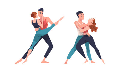 Men and women professional dancers training and exercising in studio or rehearsing performance cartoon vector illustratio