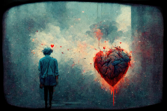 A Lonely Boy or Girl could not Face his or her Broken Heart. A Blood Dripping Heart Mind. Concept Art Scenery. Book Illustration. Video Game Scene. Serious Digital Painting. CG Artwork Background.

