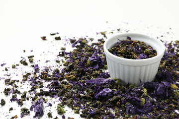 Concept of tasty hot drink, Anchan tea, space for text