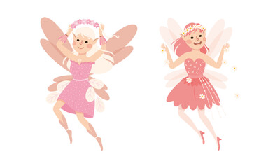 Happy fairy girls. Lovely elf girls with pointed ears wearing nice dresses vector illustration