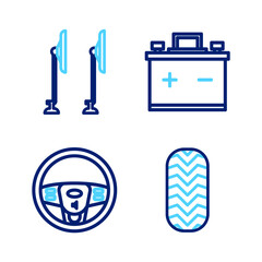 Set line Car tire, Steering wheel, battery and Windscreen wiper icon. Vector