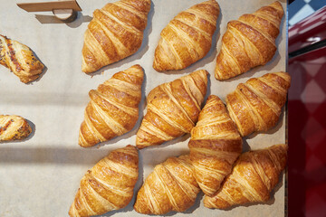 freshly baked croissants, top view