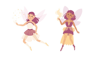 Joyful fairy girls with purple hair. Lovely elf girls with pointed ears and wings wearing nice dresses vector illustration