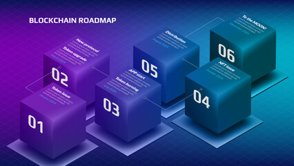 Isometric roadmap for blockchain or cryptocurrency project with flying cubes and copy space on purple blue background. Infographic timeline template for business presentation. Vector.