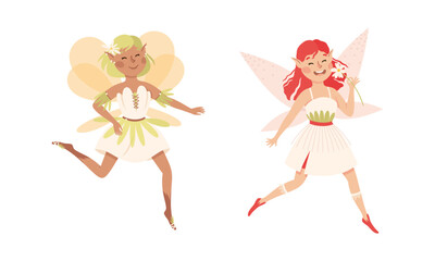 Happy joyful elf girls in nice dresses. Lovely fairytale fairies vector illustration