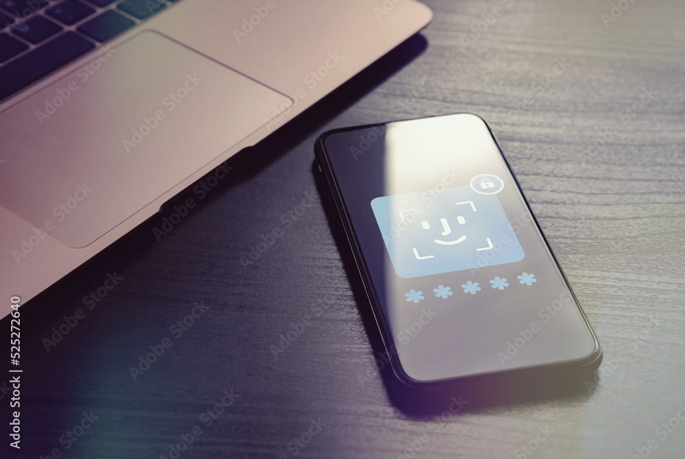 Poster biometric authentication - password-free security concept. app with a biometric face or fingerprint 