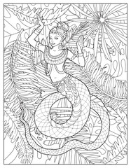 Coloring page illustration with Thailand demons and mythology creatures against nature background