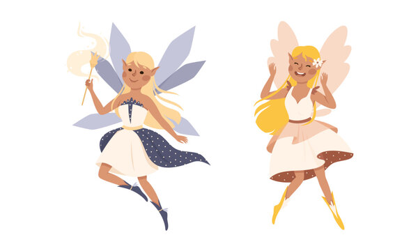 Happy lovely elf girls wearing nice dresses. Flying fairytale fairies vector illustration