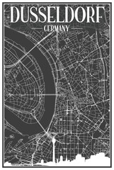 Dark printout city poster with panoramic skyline and hand-drawn streets network on dark gray background of the downtown DUSSELDORF, GERMANY