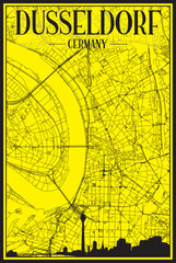 Golden printout city poster with panoramic skyline and hand-drawn streets network on yellow and black background of the downtown DUSSELDORF, GERMANY