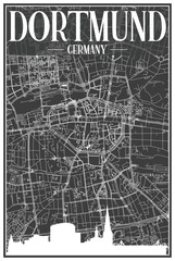 Dark printout city poster with panoramic skyline and hand-drawn streets network on dark gray background of the downtown DORTMUND, GERMANY