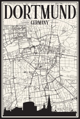 Light printout city poster with panoramic skyline and hand-drawn streets network on vintage beige background of the downtown DORTMUND, GERMANY