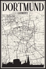 Obraz premium Light printout city poster with panoramic skyline and hand-drawn streets network on vintage beige background of the downtown DORTMUND, GERMANY