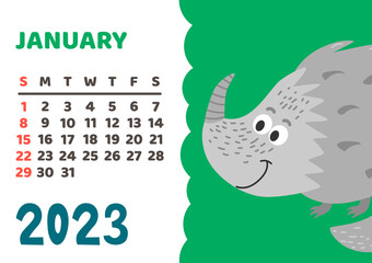 Cute dinosaur calendar template for children series. January