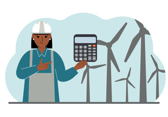 Technician engineer woman, energy wind farm. The concept of clean alternative energy. Environmental protection, ecology protection.