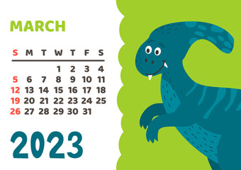 Cute dinosaur calendar template for children series. March