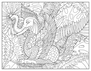 Coloring page illustration with Thailand demons and mythology creatures against nature background