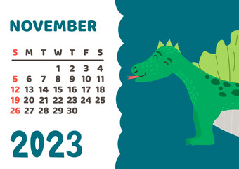 Cute dinosaur calendar template for children series. November