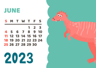 Cute dinosaur calendar template for children series. June