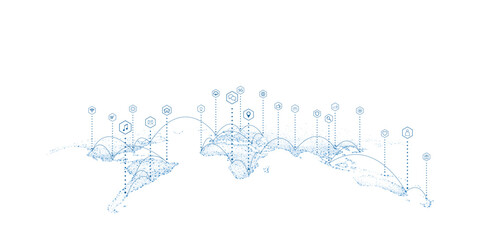 World map background illustration with futuristic communication technology. Use of Information and Interconnection. The concept of connecting people from different cities around the world.
