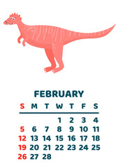 Cute dinosaur calendar template for children series. February
