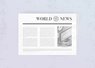 Realistic Newspaper vector illustration mockup concept. Weekly or daily newspaper with news sheet articles and advertising column with text and picture. Folded tabloid isolated on light background - obrazy, fototapety, plakaty