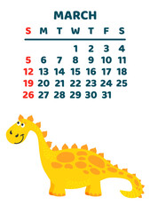 Cute dinosaur calendar template for children series. March