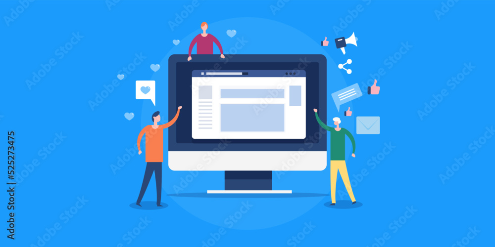 Poster customer enjoying and interacting with social media post on computer screen, business review and exp