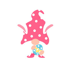 Cute gnomes wearing bunny ears hold carrots and colorful eggs in Easter. Isolated on background