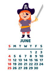 June 2023 calendar page. Vector cartoon illustration with cute pirate. Template for print. Vertical layout. White background