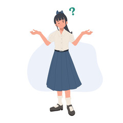 Full length of Thai student girl is confuse, don't understand. vector illustration