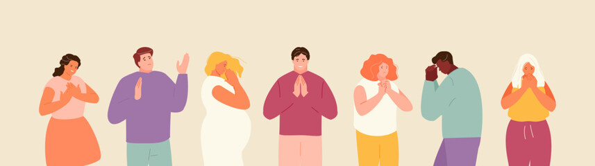 Praying people experiencing love, hope, despair. Religion and faith, turning to god, crisis, problem solving, meditation. Vector illustration - obrazy, fototapety, plakaty