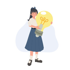 thinking concept, idea innovation, cute Thai student girl is holding a big lightblup as a big Idea. vector illustration