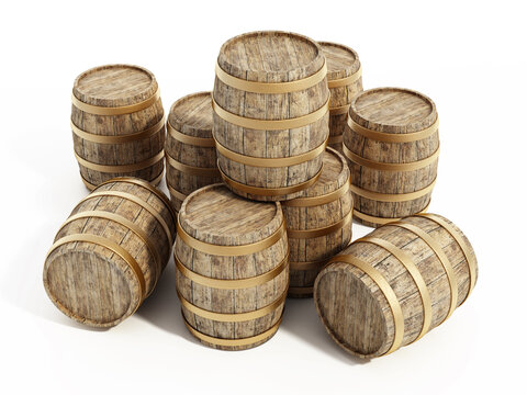 Aged stack of wine barrels isolated on white background. 3D illustration