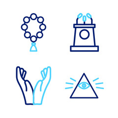 Set line Masons, Hands in praying position, Stage stand or tribune and Rosary beads religion icon. Vector