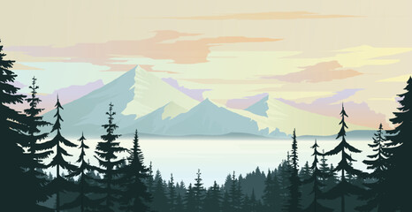 Landscape of mountains and lakes in the evening. Nature vector background image.
