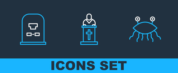 Set line Pastafarianism, Tombstone with RIP written and Church pastor preaching icon. Vector