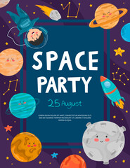 Space party, cartoon spacecrafts, starships and rockets in galaxy, vector cosmic banners. Kids party with fantasy planets or spaceships.