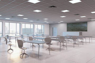 Fototapeta na wymiar Luxury concrete classroom interior with furniture and blackboard, windows with city view. Back to school and interior concept. 3D Rendering.