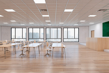 Modern wooden classroom interior with furniture and blackboard, windows with city view. Back to school and interior concept. 3D Rendering.