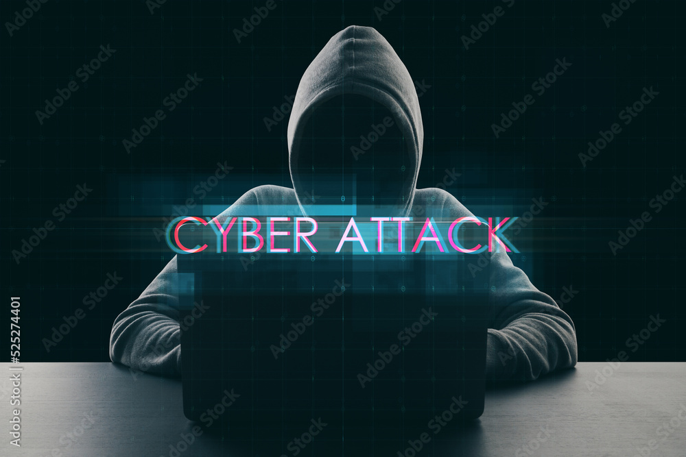 Aufkleber Hacker at desktop using laptop computer with abstract creative digital text hologram on dark background. Loading, hacking, technology and ai concept.