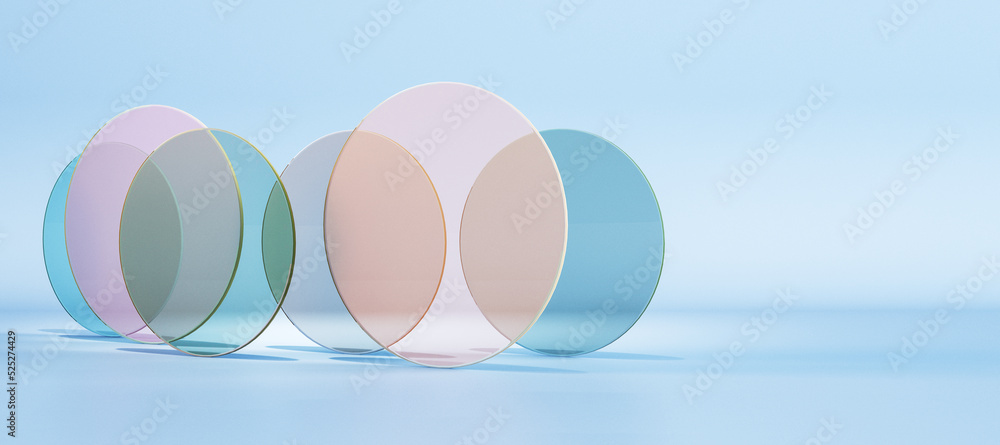 Poster abstract wide colorful round glass on blue background with mock up place. decor and design banner co
