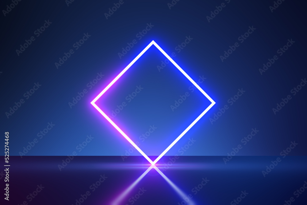 Poster abstract glowing neon rhombus banner on blue background with reflections. design, creativity and moc