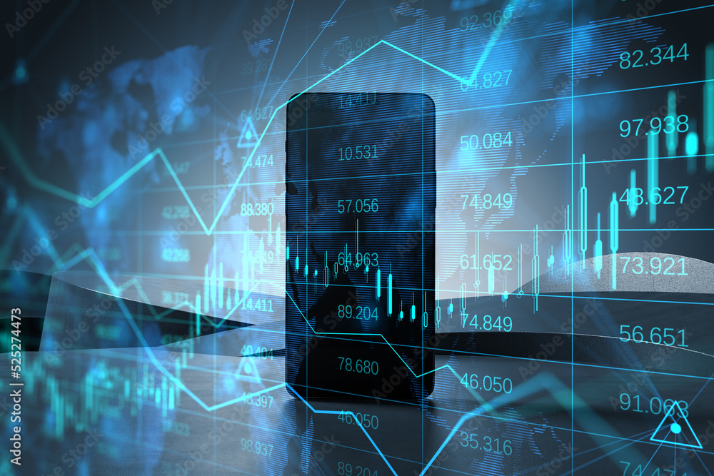 Aufkleber Close up of standing mobile phone with abstract glowing forex chart, map and arrows on index hologram, blurry background. Trade, financial growth, analytics and market concept. Double exposure.