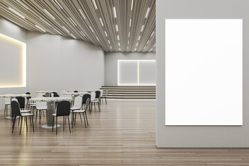 Modern wooden and concrete restaurant interior with dining area, stage and empty white mock up banner on wall. Cafe, ad and celebration concept. 3D Rendering.