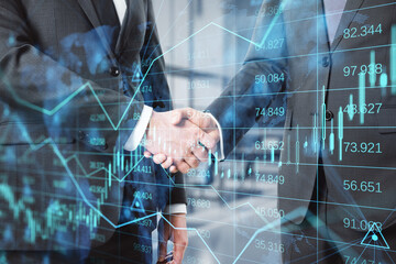  men shaking hands on abstract glowing forex chart, map and arrows on index hologram, blurry office interior background. Trade, teamwork, financial growth, analytics and market concept