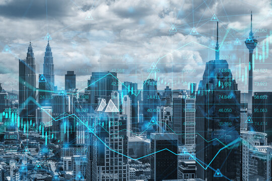 Creative modern city skyline background with abstract glowing forex chart, map and arrows on index hologram, blurry background. Trade, financial growth, analytics and market concept. Double exposure.